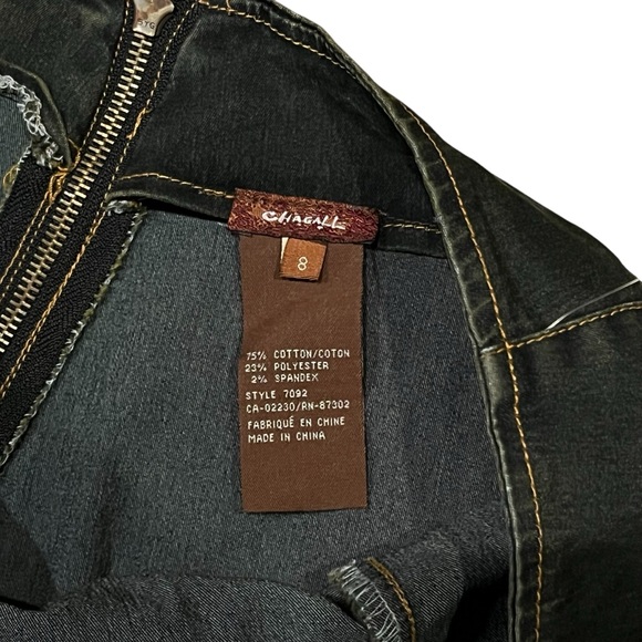 Chagall | Y2K High Waisted Green Tinted Denim Midi Skirt w/ Embroidery & Ruffles - Picture 7 of 8